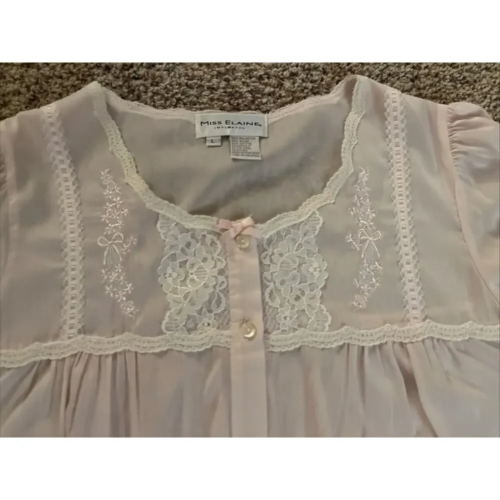 Vintage 80s Miss Elaine Sheer Long Sleeve Button Down Robe Pink Pockets Size L‎